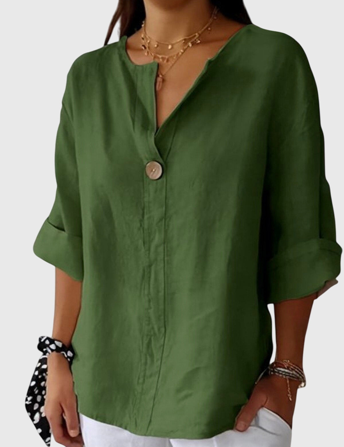 AURORA | BLUSA IN LINO CON BOTTONE DECORATIVO