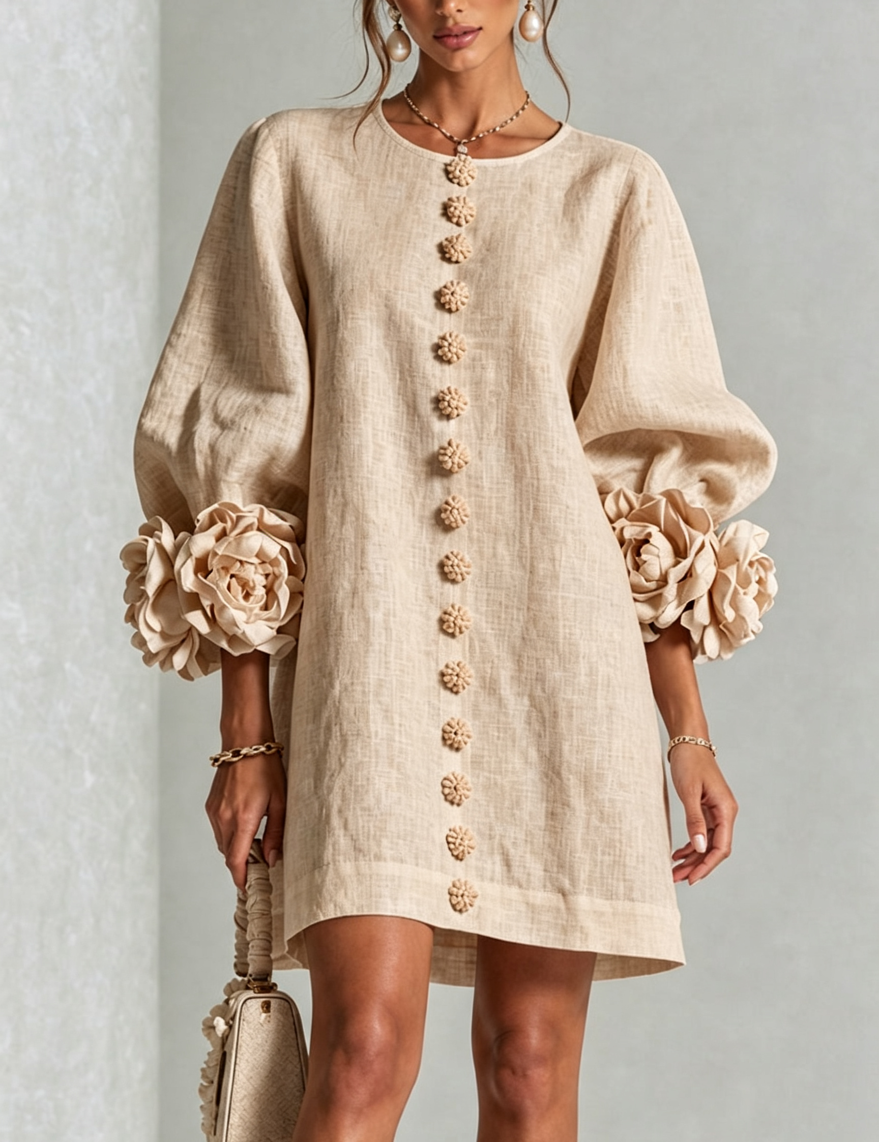 Beatrice | Abito Mini Beige con Rose 3D ai Polsini