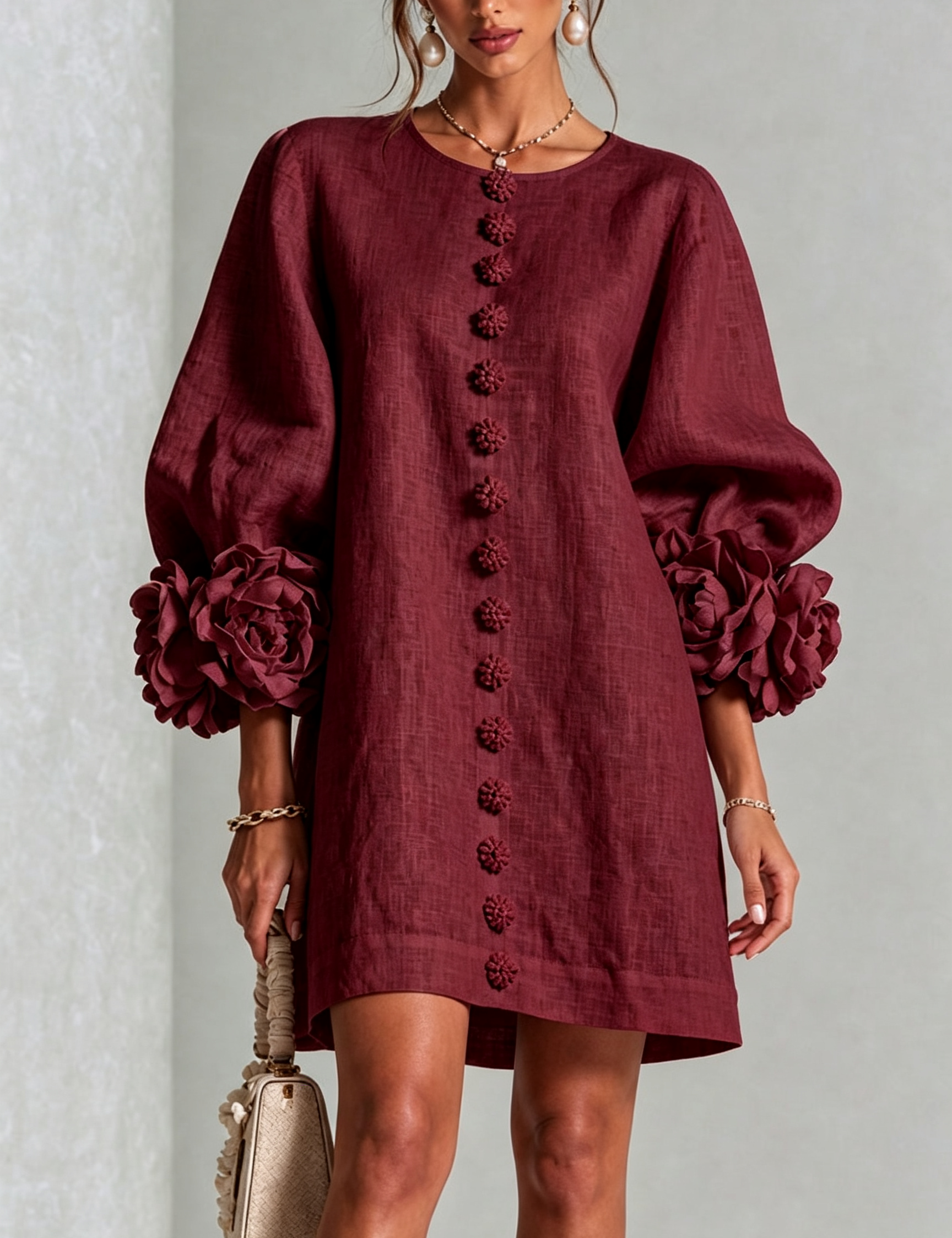 Ornella | Abito Mini Bordeaux con Rose 3D ai Polsini