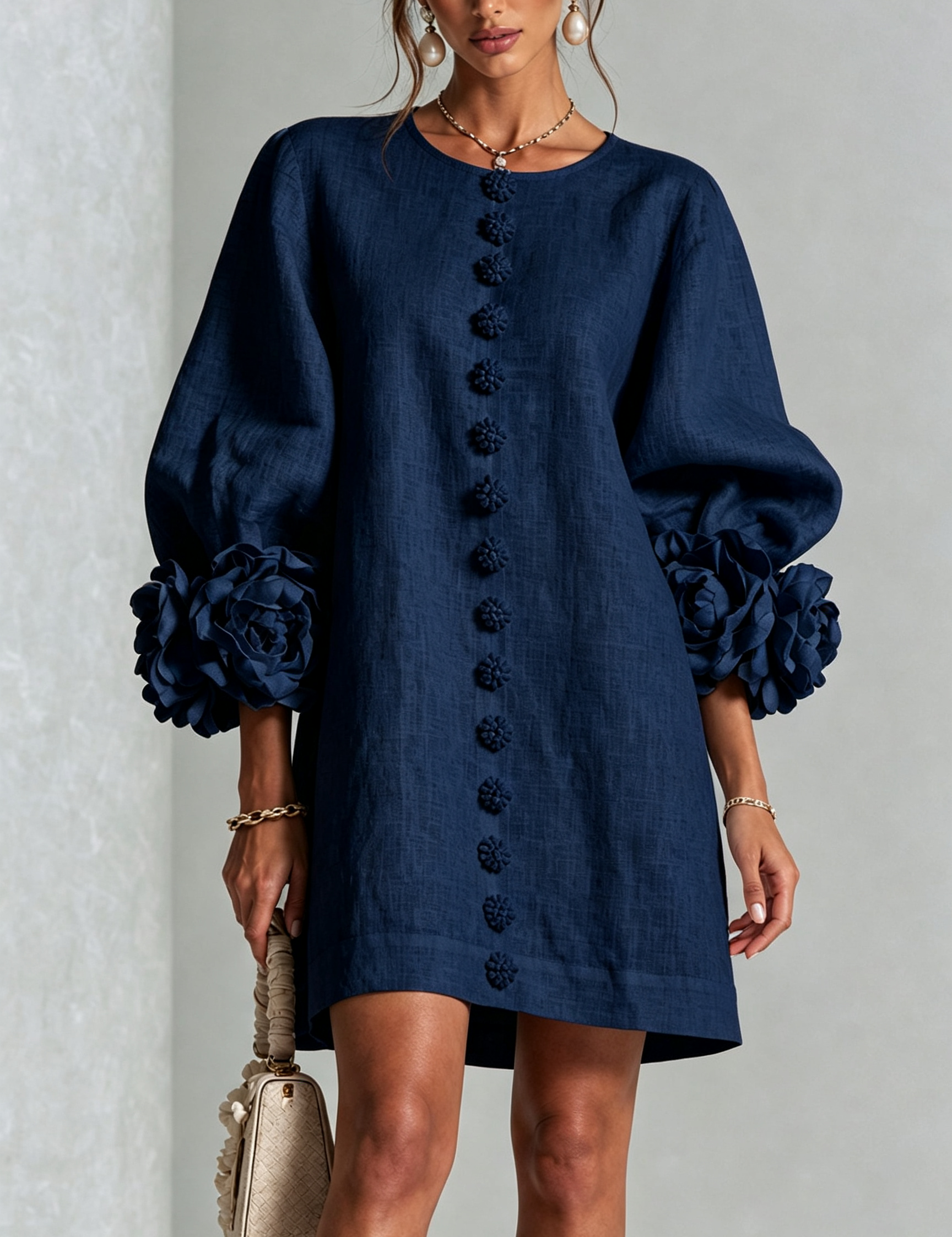 Adeline | Abito Blu Notte con Rose Tridimensionali