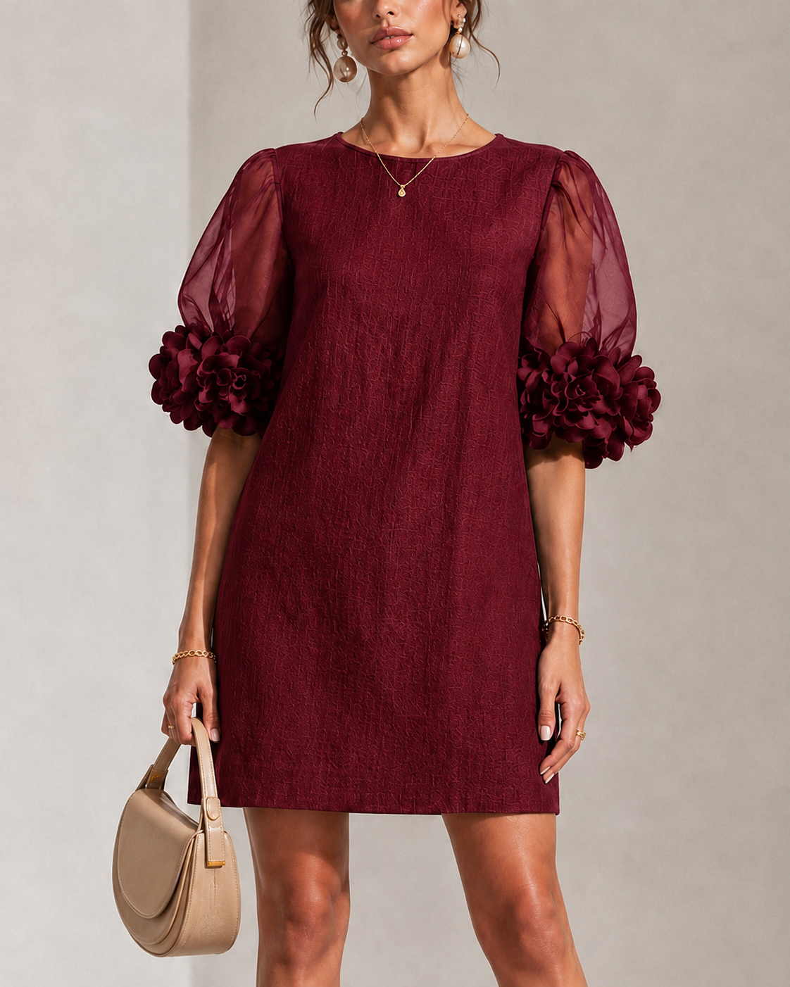 Willa | Abito Mini Rosso Borgogna con Maniche in Organza e Fiori 3D