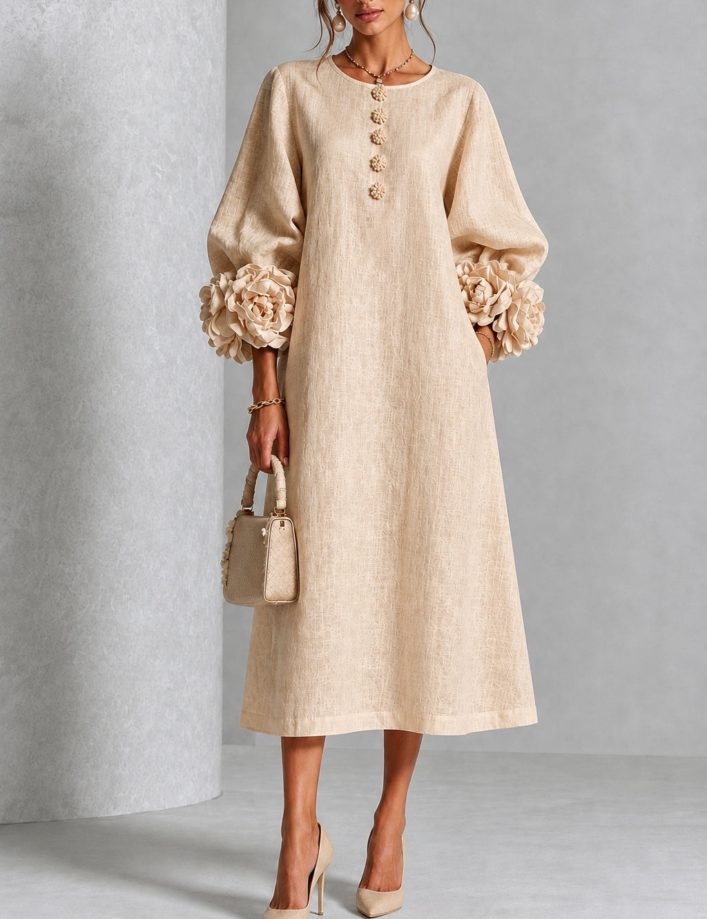 Adele | Abito Midi Beige Sabbia con Applicazioni Floreali