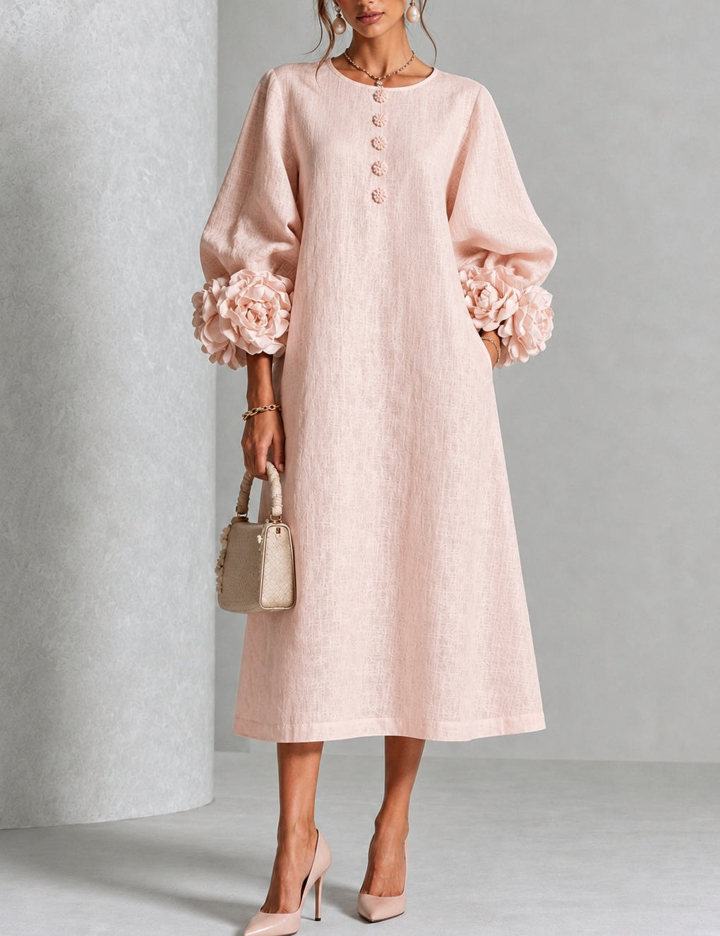 Ilaria | Abito Midi Rosa con Fiori Applicati