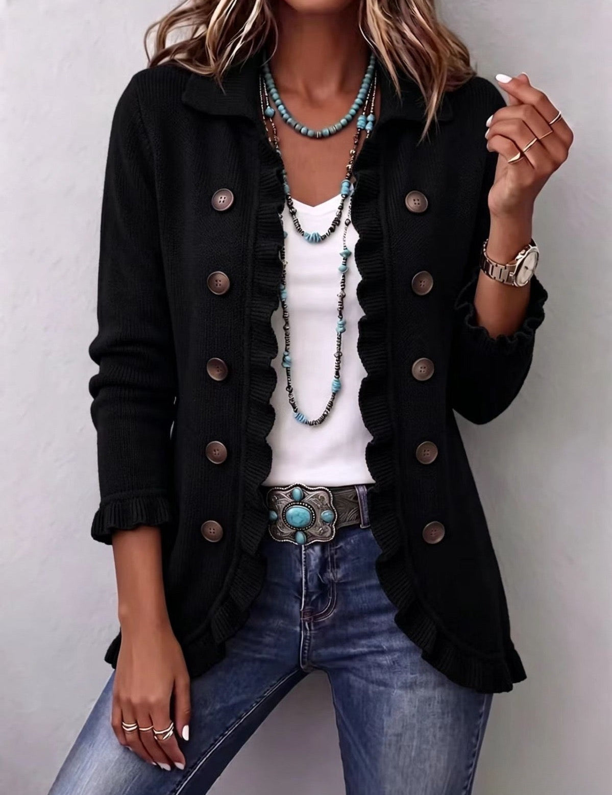 Ossidiana | Giacca in Maglia Nera con Bordo Arricciato