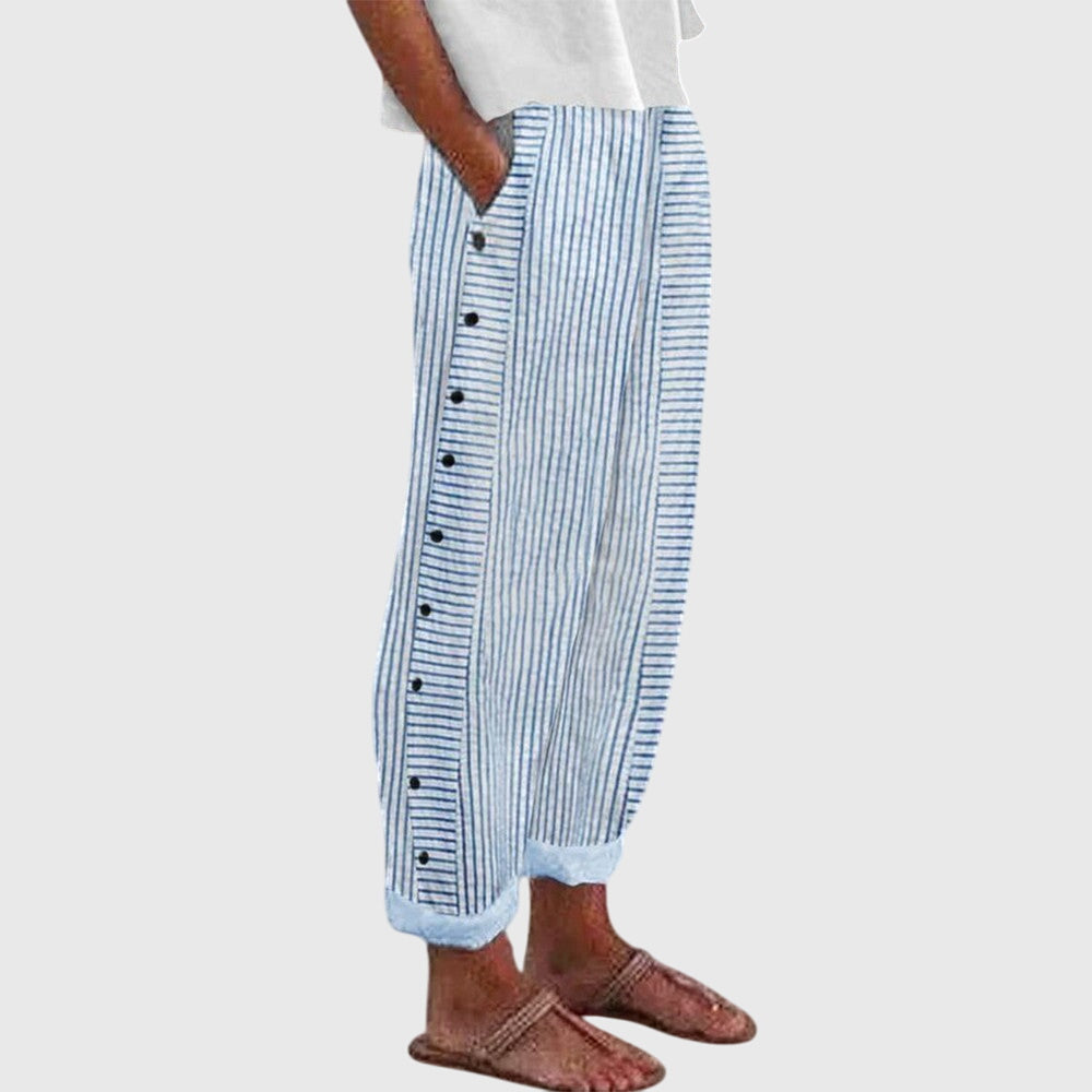 BIANCA | PANTALONI IN LINO A RIGHE CON BOTTONI DECORATIVI
