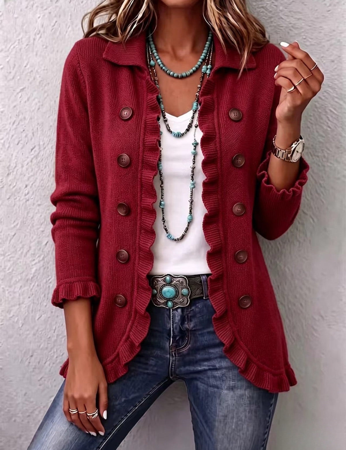 Vinaccia | Giacca in Maglia Bordeaux con Bordo Arricciato